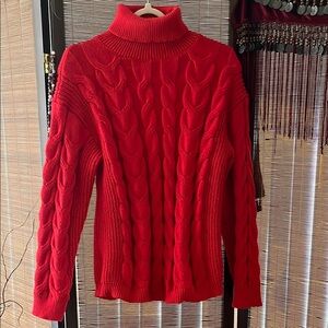 Red Cable Knit Turtleneck Sweater
